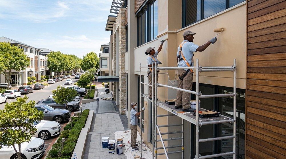 Professional commercial painters on scaffolding painting a building on the Hillcrest