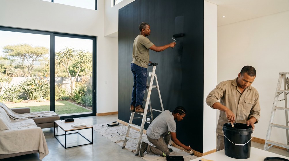 Professional painters creating a bold black feature wall in a modern Hillcrest home