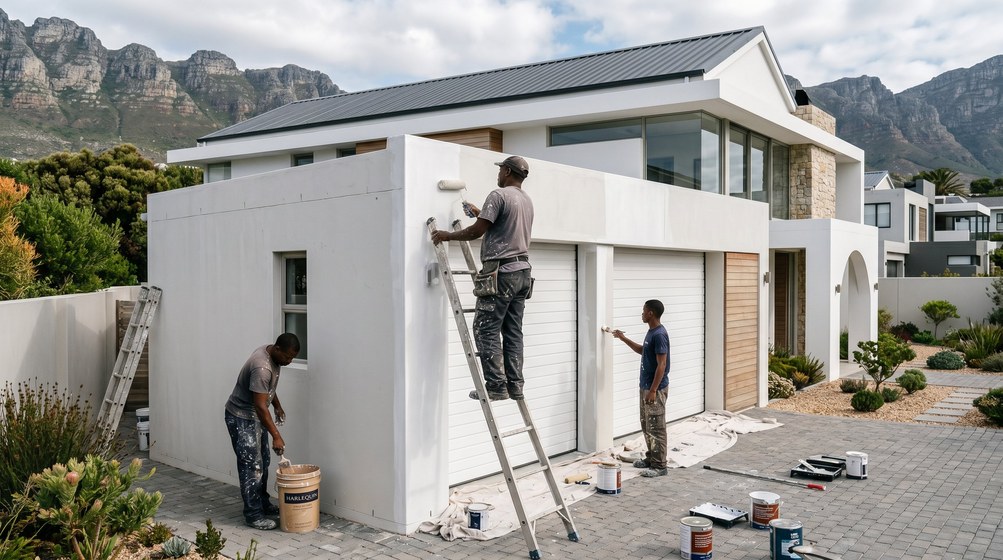 Professional painters painting a double garage exterior and garage doors in Hillcrest