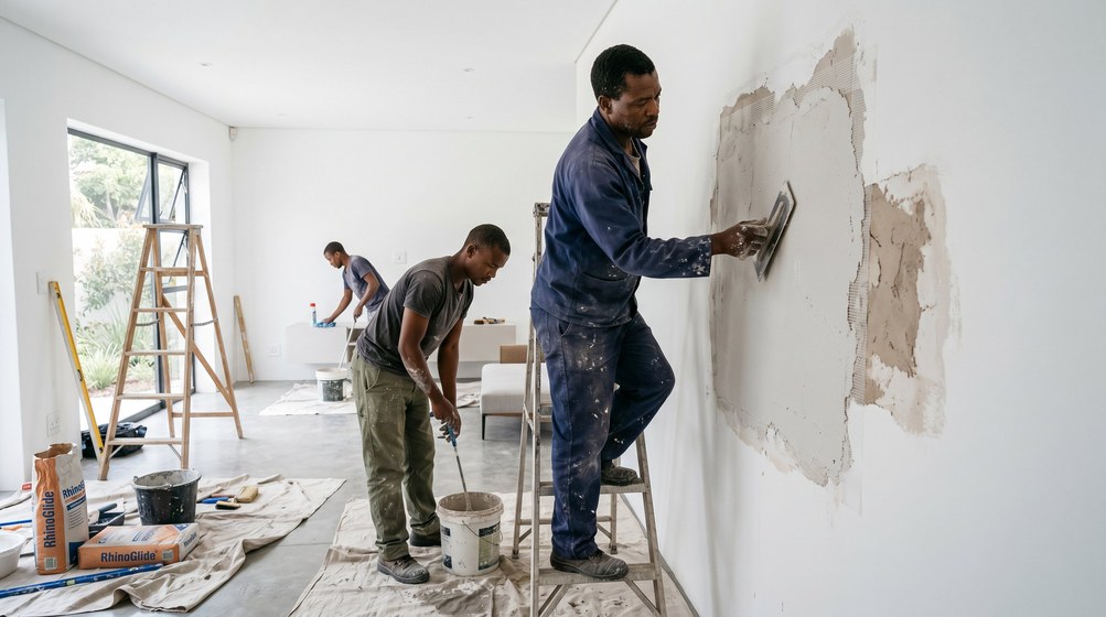 Professional plaster repair team skim coating damaged walls in Hillcrest