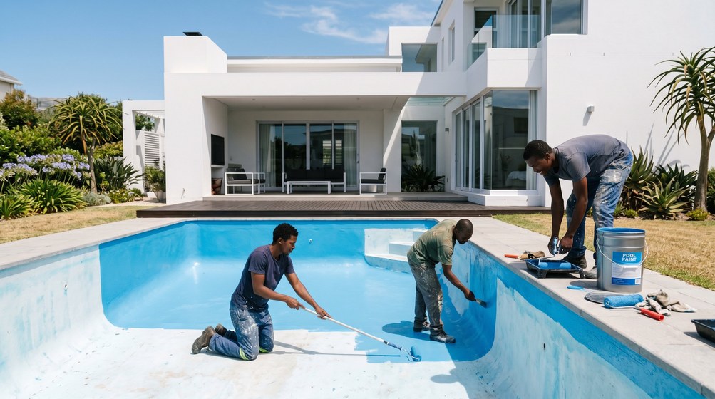 Professional pool painters applying blue pool paint to a swimming pool in Hillcrest