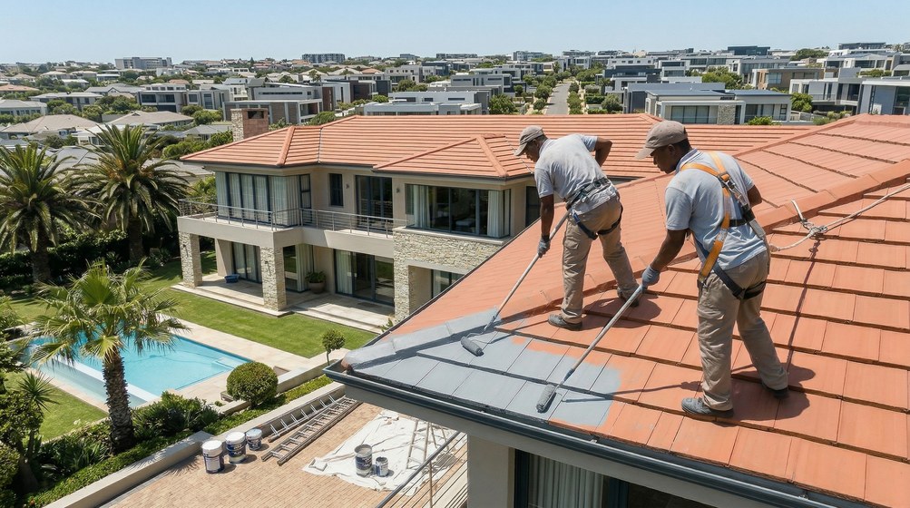 Professional roof painters applying waterproof coating to tiled roof in Hillcrest