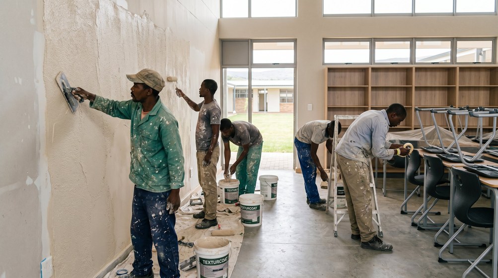 Professional texture coating team applying Texturcoat to interior walls in Hillcrest